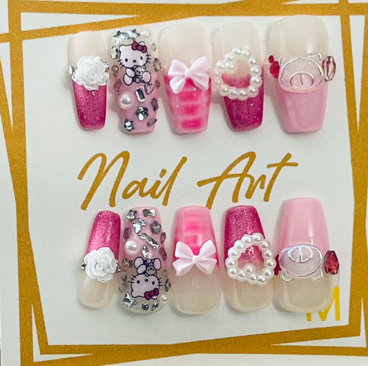 Long Coffin Charming Pink Hello Kitty Press-On Gel-X Reusable Nail Set