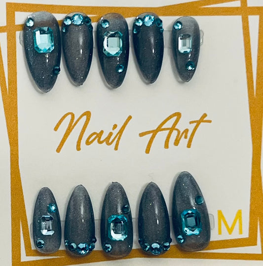 Long Almond Blue Rhinestone Press-On Gel-X Reusable Nail Set