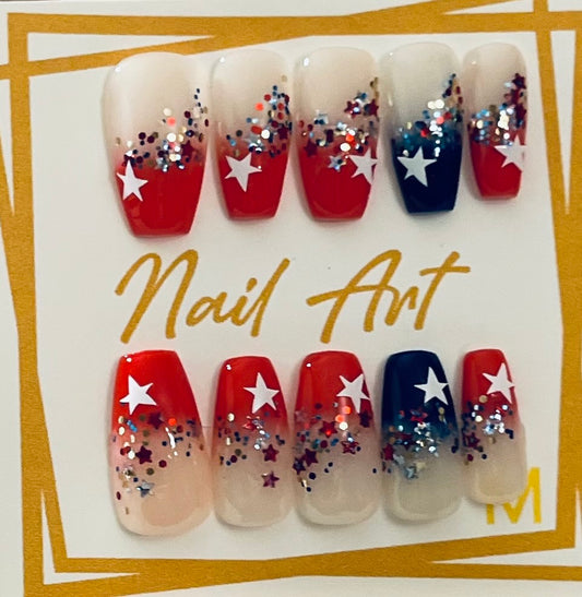 Long Coffin Red, White, and Sparkle Press-On Gel-X Reusable Nail Set