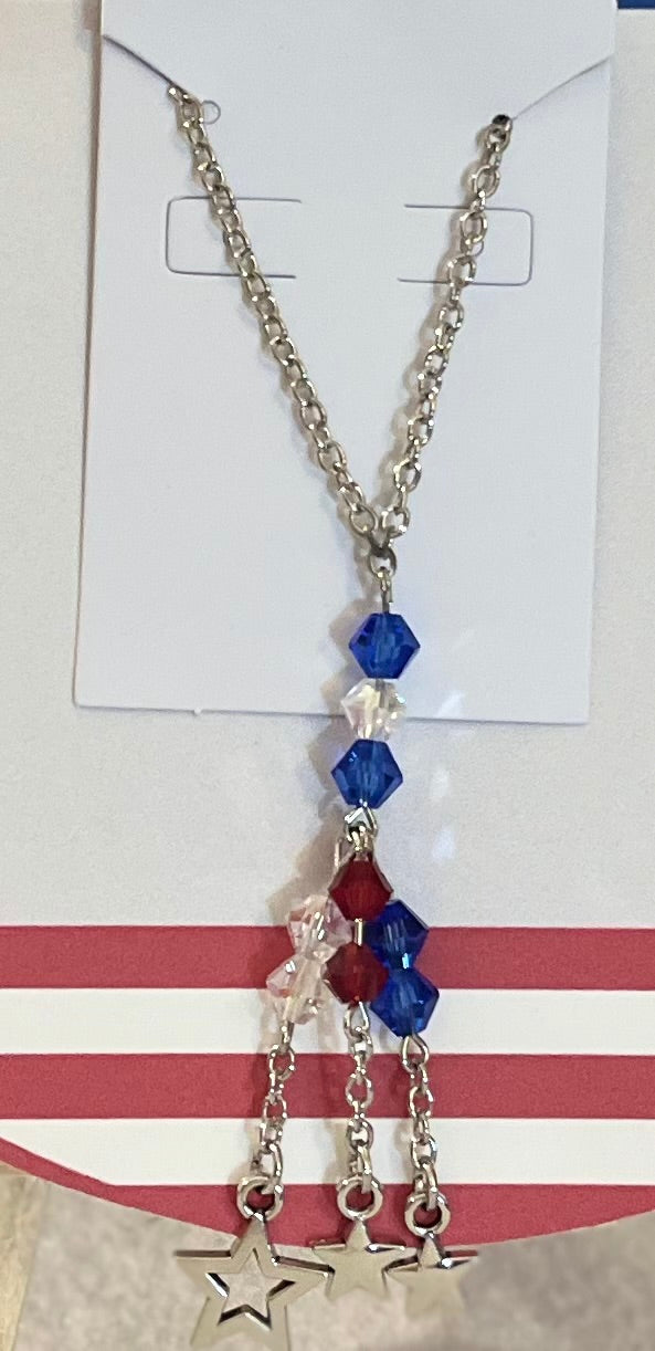 patriotic sliver necklace with red, white, blue beads