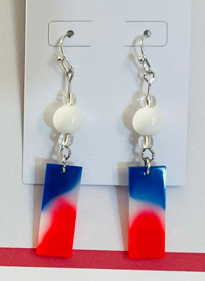 patriotic silver white bead with marble resin earrings