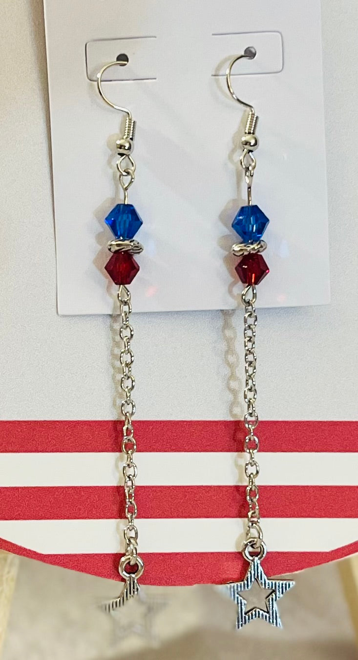 Patriotic red blue beaded silver dangle earrings