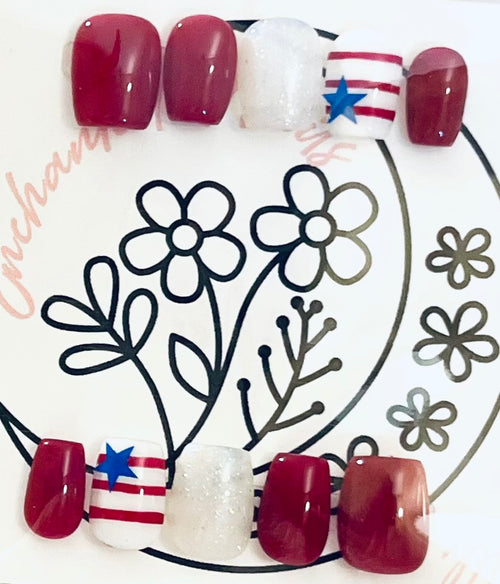 Cute Red, White, and Blue Short Square Press-on Gel-X Nail Set