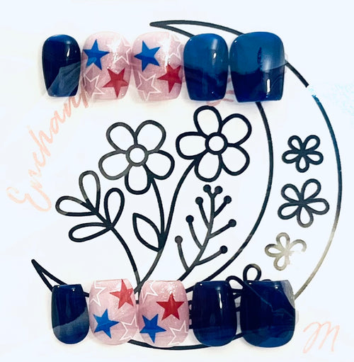 Blue w/red and blue star nail design short square press-on gel-x nail set