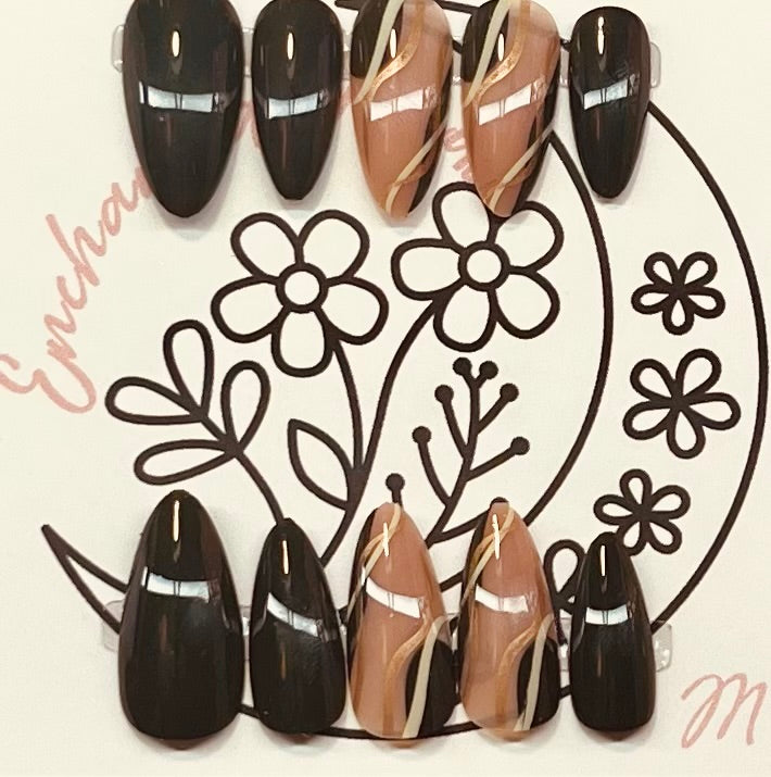 Long Almond Black/Nude Nail Set w/Design